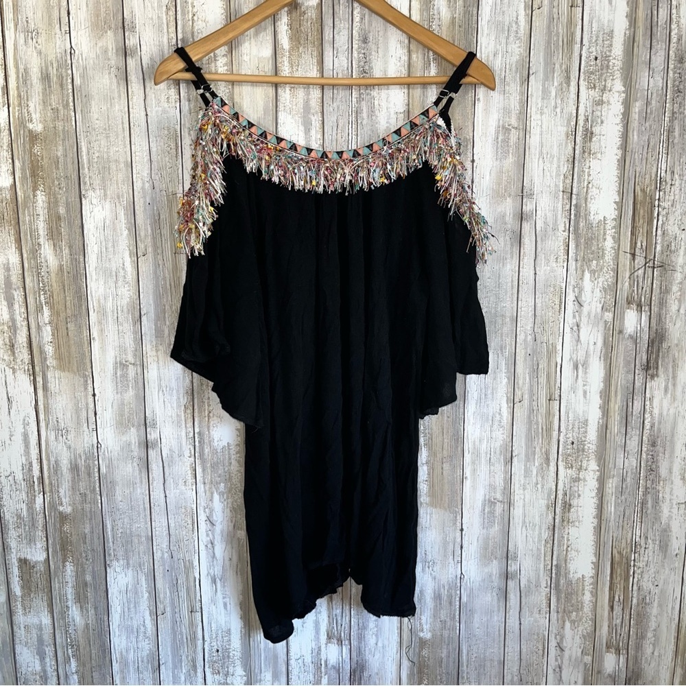Velzera Open Shoulder Colorful Fringe Top Blouse